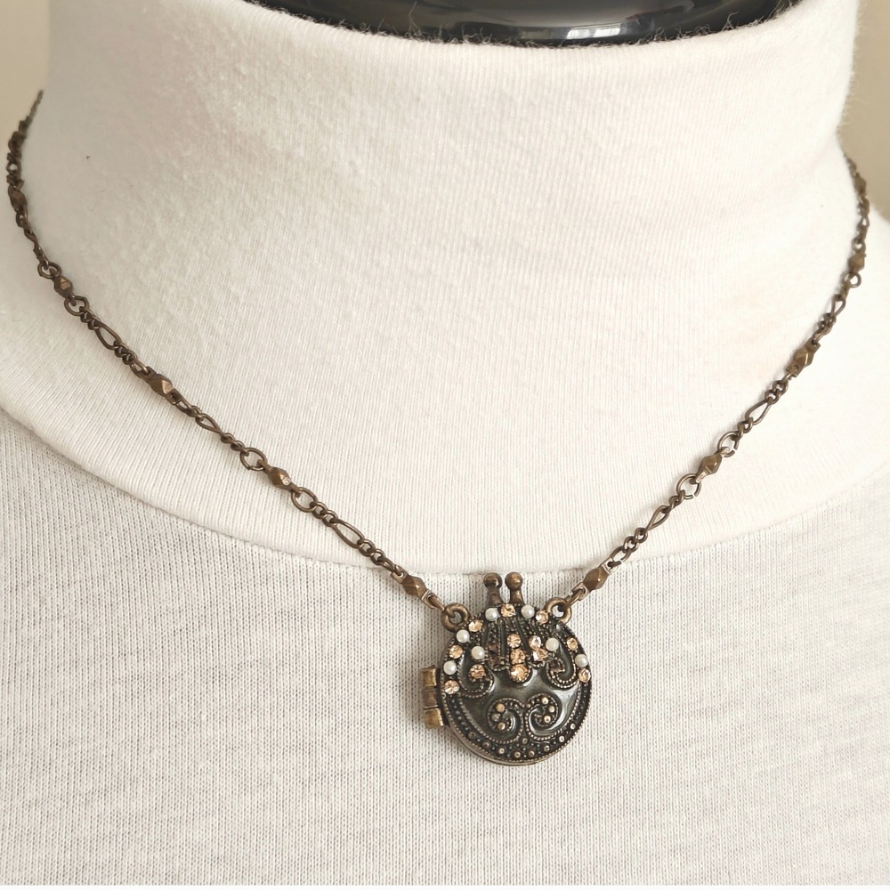 Vintage Volm Bronze Tone Purse Locket Necklace Faux Pearl Rhinestone Adjustable